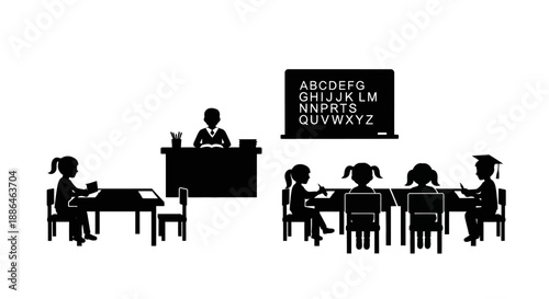 Teacher instructing students in a classroom with alphabet on blackboard.