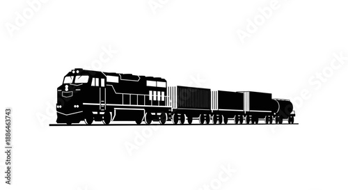 Black diesel locomotive pulling freight train cars.