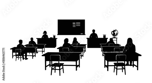 Silhouette of a classroom with students and teacher at desks.