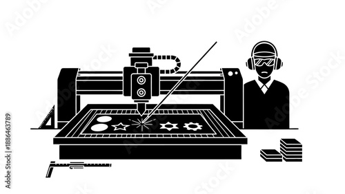 Industrial laser cutting machine engraving shapes on material.