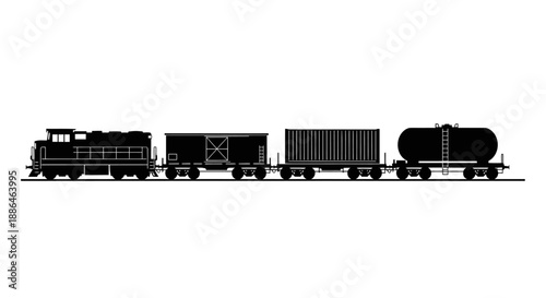 Silhouette of a freight train with multiple cars.