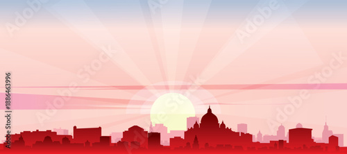 Red panoramic poster of the city skyline with misty background buildings, sunrise, moon and clouds of ROME, ITALY