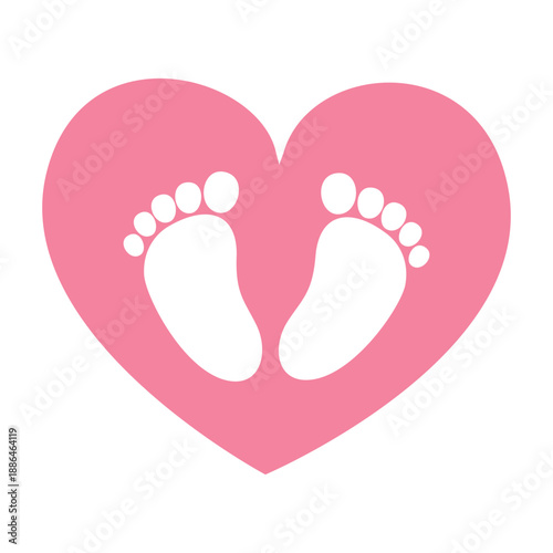 Baby footprint vector illustration in pink colors featuring heart symbols