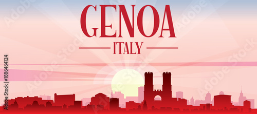 Red panoramic poster of the city skyline with misty background buildings, sunrise, moon and clouds of GENOA, ITALY