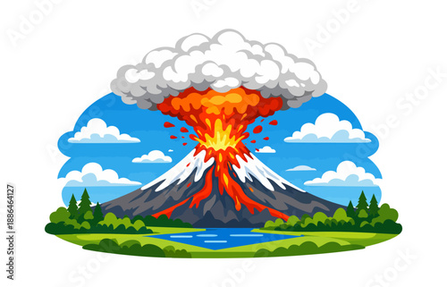 Cartoon illustration of a volcano depicting an explosive eruption with lava and smoke for natural disaster education