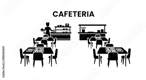 Cafeteria interior with tables and serving stations.