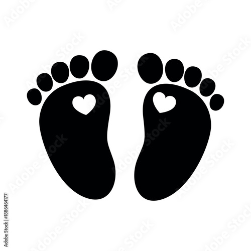 Baby footprint vector illustration in black color featuring heart symbols