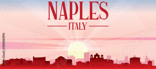 Red panoramic poster of the city skyline with misty background buildings, sunrise, moon and clouds of NAPLES, ITALY
