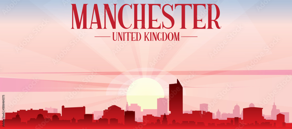 Fototapeta premium Red panoramic poster of the city skyline with misty background buildings, sunrise, moon and clouds of MANCHESTER, UNITED KINGDOM