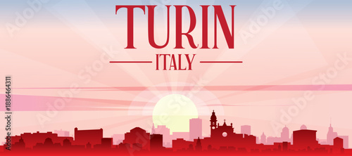 Red panoramic poster of the city skyline with misty background buildings, sunrise, moon and clouds of TURIN, ITALY