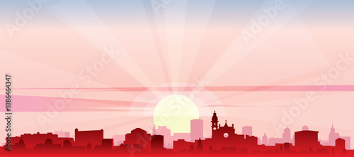 Red panoramic poster of the city skyline with misty background buildings, sunrise, moon and clouds of TURIN, ITALY