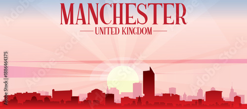 Red panoramic poster of the city skyline with misty background buildings, sunrise, moon and clouds of MANCHESTER, UNITED KINGDOM