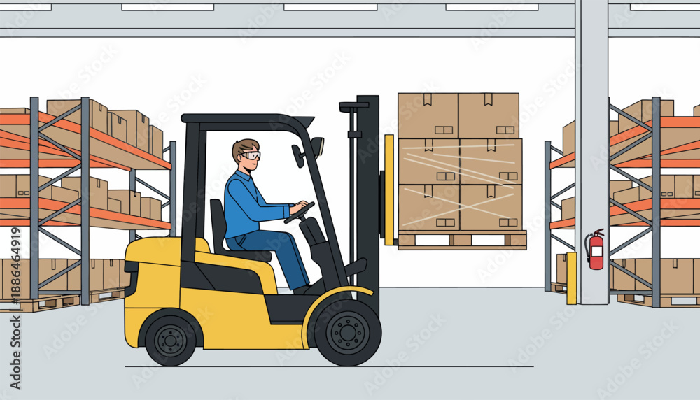 Naklejka premium Warehouse worker efficiently operating forklift in busy storage facility
