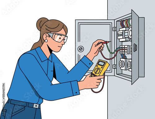 Female electrician testing electrical panel with multi meter