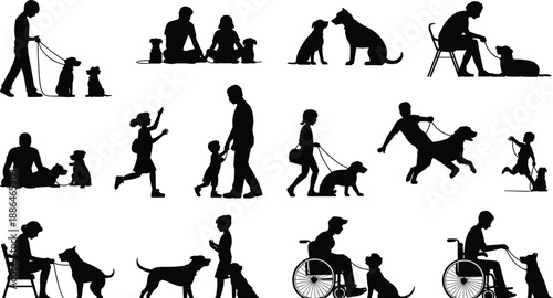 People and dogs silhouettes set, family pet activities with children and adults, walking training playing moments, inclusive lifestyle scenes, black vector illustration