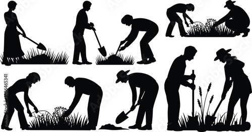 People gardening and farming silhouettes working with soil and plants, agricultural activity black vector illustration isolated on white background for rural and eco concepts