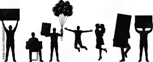 People holding blank placards and balloons silhouettes set, flat black vector illustration of celebration, protest, love, and social event concepts