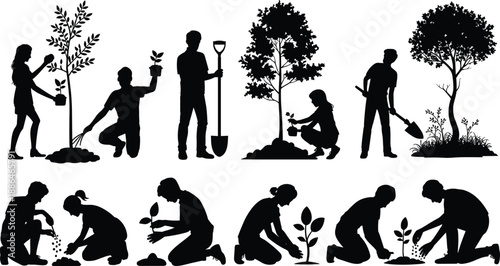 People gardening silhouettes collection, planting trees and seedlings, men women garden work activities, eco friendly lifestyle, nature conservation, outdoor planting vector illustration