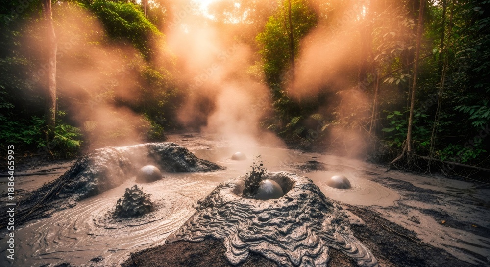 Fototapeta premium Active mud volcano bubbling in a prehistoric jungle. Geothermal activity in dense forest landscape. Ancient world and nature concept.