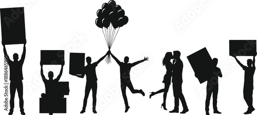 People silhouette collection celebrating protest, celebration, love and freedom with placards and balloons, black vector illustration set isolated on white background
