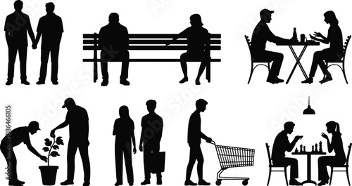 People silhouettes in daily life activities, couples walking, sitting on bench, shopping, gardening, cafe conversation, urban lifestyle scenes, black vector illustration set