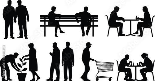 People silhouettes in everyday urban life, couples walking, sitting on bench, cafe meetings, shopping, gardening activities, social interactions, black vector illustration set