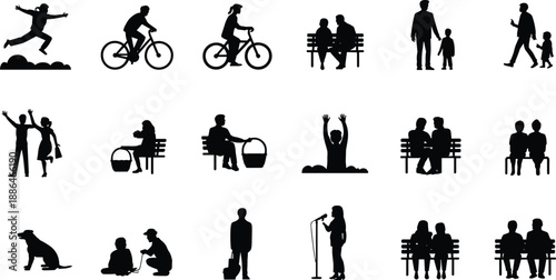 People silhouettes lifestyle collection, family couple children seniors daily outdoor activities, cycling walking sitting playing celebrating poses, black vector illustration isolated