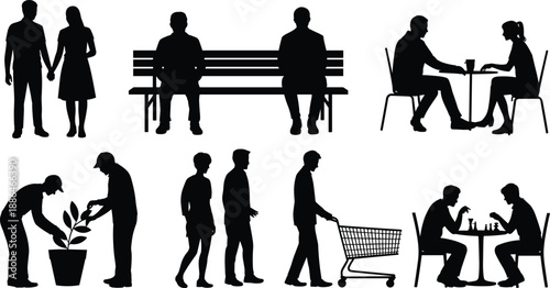 People silhouettes showing everyday urban life, couples walking, sitting on bench, cafe meetings, shopping, gardening activities, social interaction scenes, black vector illustration set