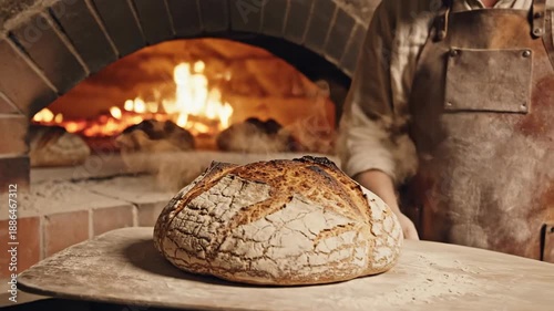 Baking fresh bread loaves in brick oven traditional food preparation
