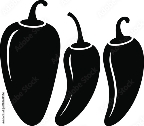 Chili pepper silhouettes set, jalapeno and hot pepper icons, spicy vegetable shapes, black vector illustration, isolated background