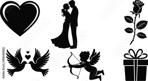 Romantic love silhouette icon set, wedding couple heart rose cupid doves gift symbols, valentines day romance, elegant black vector illustration