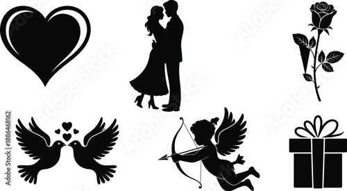 Romantic love silhouette icon set, wedding couple heart rose cupid doves gift symbols, valentines day romance, elegant black vector illustration collection
