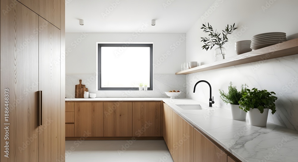 Fototapeta premium Bright and Stylish Modern Kitchen Interior Design with Natural Wooden Cabinets, White Marble Countertops, and Contemporary Fixtures, Creating a Minimalist and Inviting Home Space
