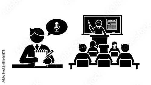 Teacher instructing students in a classroom setting with presentation.