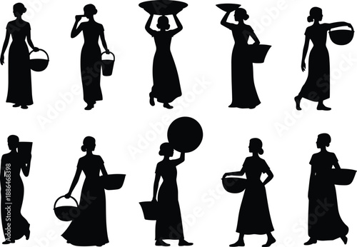 Rural women carrying baskets and water pots silhouette collection, traditional village female daily work lifestyle vector illustration isolated on white background