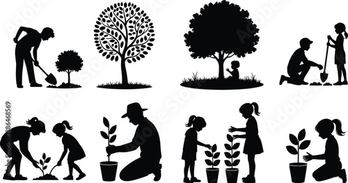 Silhouette family and children planting trees illustration, gardening stages growth cycle, nature education, eco friendly lifestyle, sustainability, outdoor environmental care concept