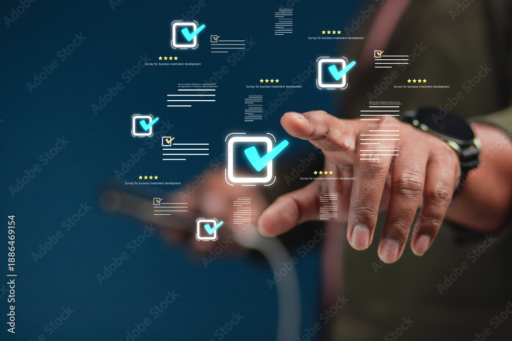 Obraz premium Business-minded concept for planning and managing digital checklists and quality assurance systems, reviewing work and documents for approval with maximum satisfaction scores to meet international sta
