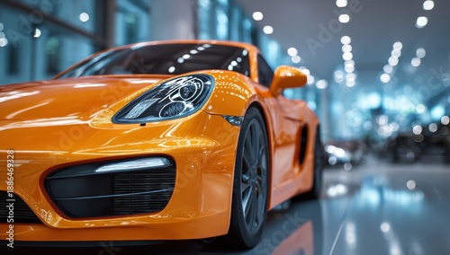 High quality photo of Bright orange luxury sports car parked in a modern showroom with blurred lighting background