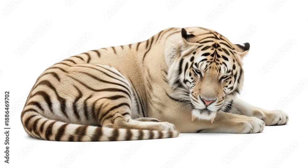 Obraz premium White tiger resting, animal isolated on white background. Wildcat laying down for zoo, wildlife preservation, or nature documentary concept.