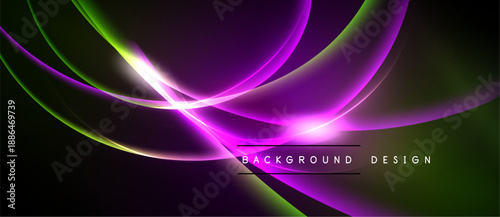 Abstract vibrant lines create dynamic flow. Purple, green hues dominate dark background. Modern design element for digital projects.