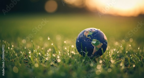 Miniature Earth globe nestled in lush green grass, dew drops sparkling, soft sunlight