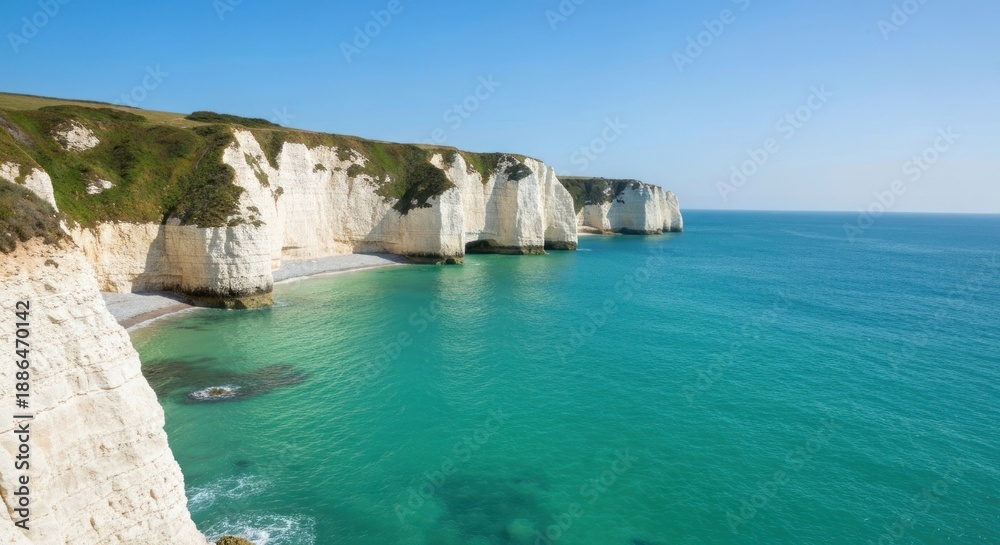 Obraz premium Majestic white chalk cliffs tower over turquoise waters on a bright sunny day