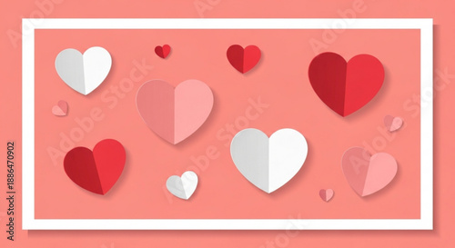 Colorful paper hearts on coral background for Valentine's Day decoration  