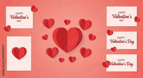 Red paper hearts and Valentine’s Day cards on pastel background  