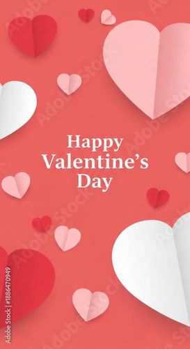 Paper hearts on red background with Happy Valentine's Day text  