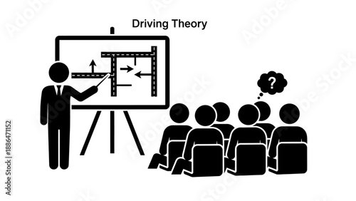 Driving theory lesson with instructor teaching students about road rules.