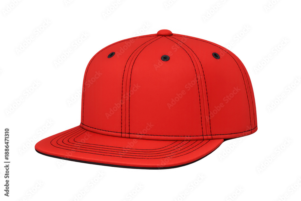 Fototapeta premium Red snapback flat brim baseball cap mockup template, blank front for design, isolated on transparent background