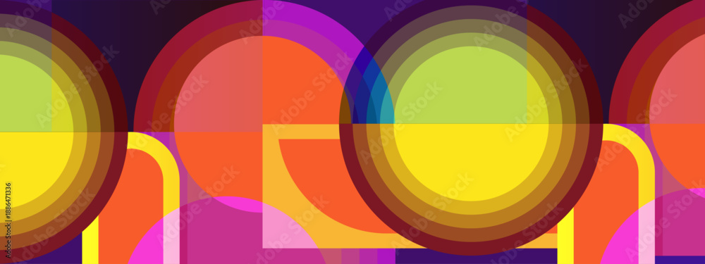 Obraz premium Creative abstract design with overlapping geometric circles and curved shapes using warm orange and purple gradients