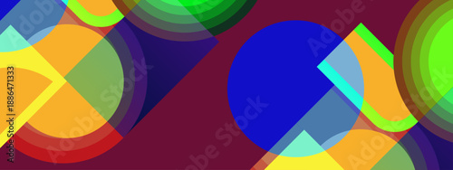 A dynamic abstract composition featuring bold circular shapes and intersecting geometric lines with a dark magenta base