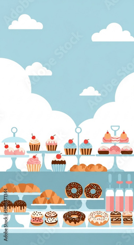 Delicious pastries and cakes displayed on dessert stands with clouds  